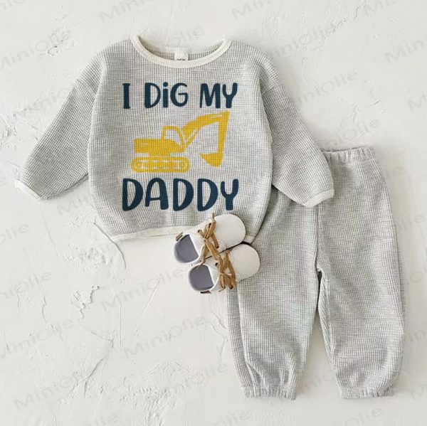 I DIG MY DADDY Baby Waffle Sweatshirt 2-piece Light Grey Set