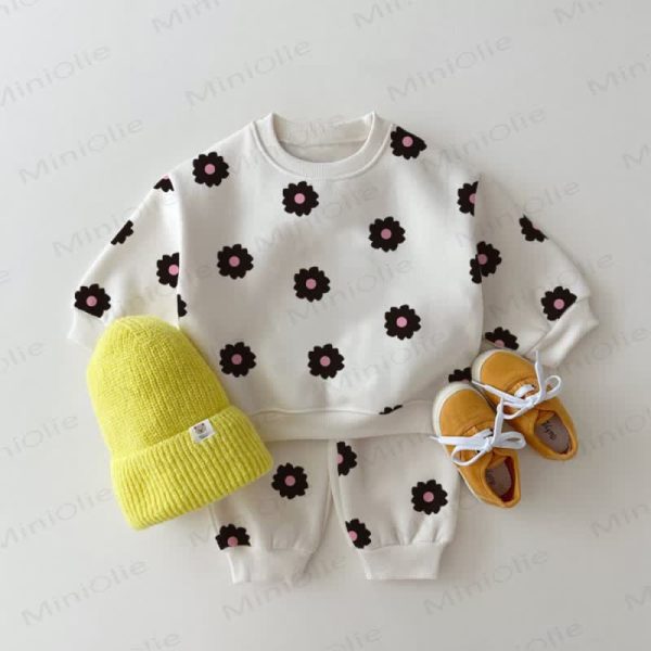 Baby Black Flower Sweatshirt 2-piece White Set