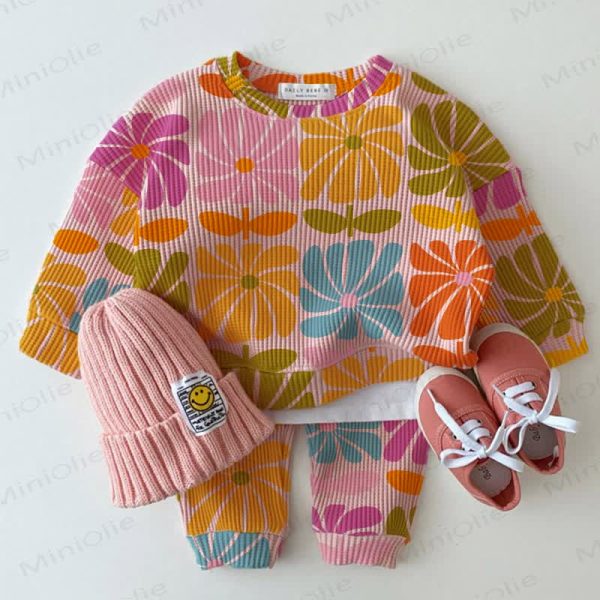 Baby Waffle Colored Square Flowers Sweatshirt 2-piece Set