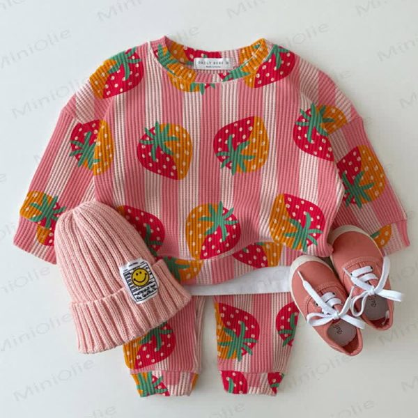 Baby Waffle Two-tone Strawberry Vertical Pink Striped Sweatshirt 2-piece Set