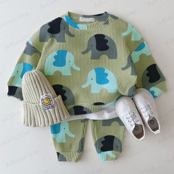 Baby Waffle Blue&Grey Elephant Sweatshirt 2-piece Set