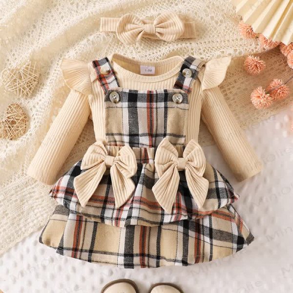 Baby Girl Bow Plaid Flying Sleeves Romper Knit Dress
