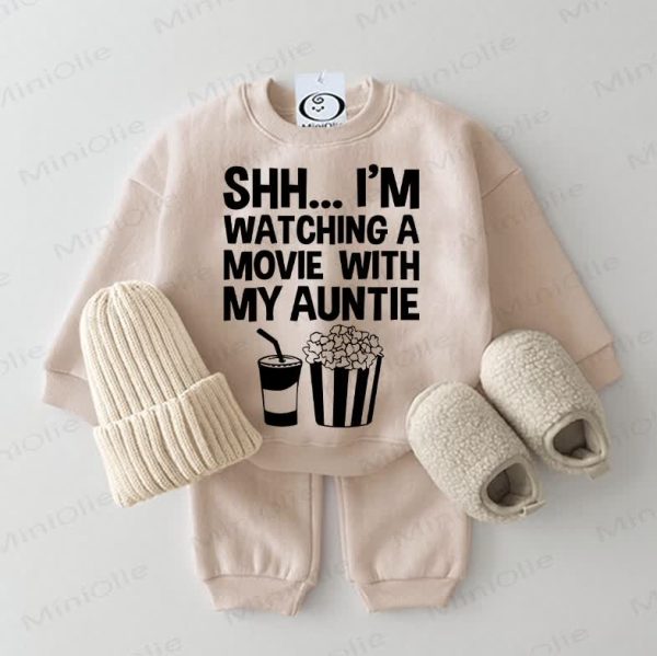 SHH... I'M WATCHING A MOVIE WITH MY AUNTIE Baby Beige Sweatshirt 2-piece Set