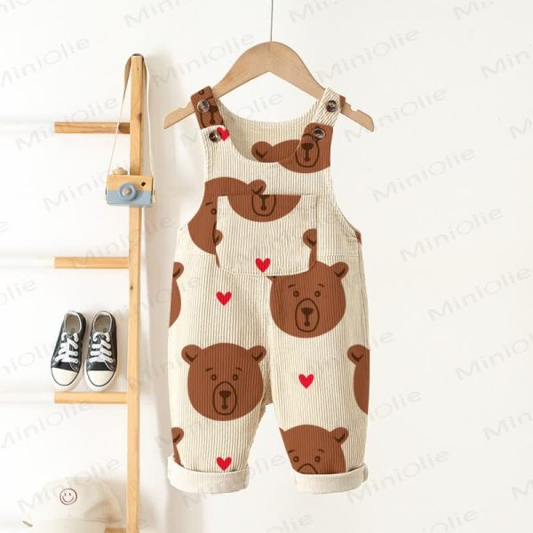 Baby Toddler Bear Heart Corduroy Beige Overalls