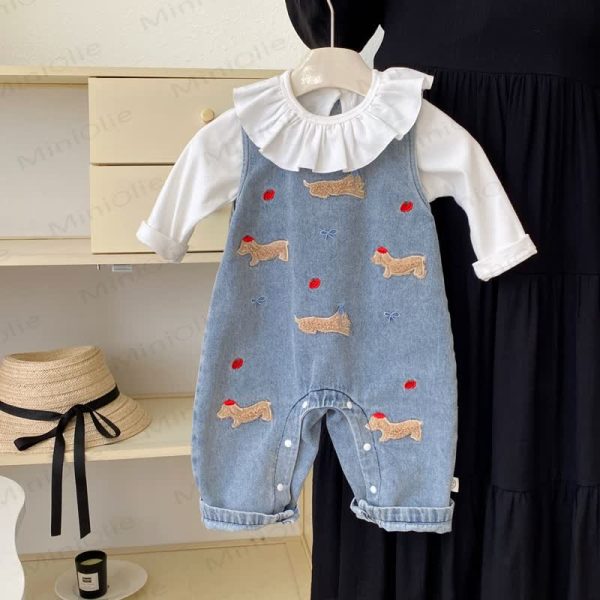 Baby Apple Dog Denim Overalls & White Top