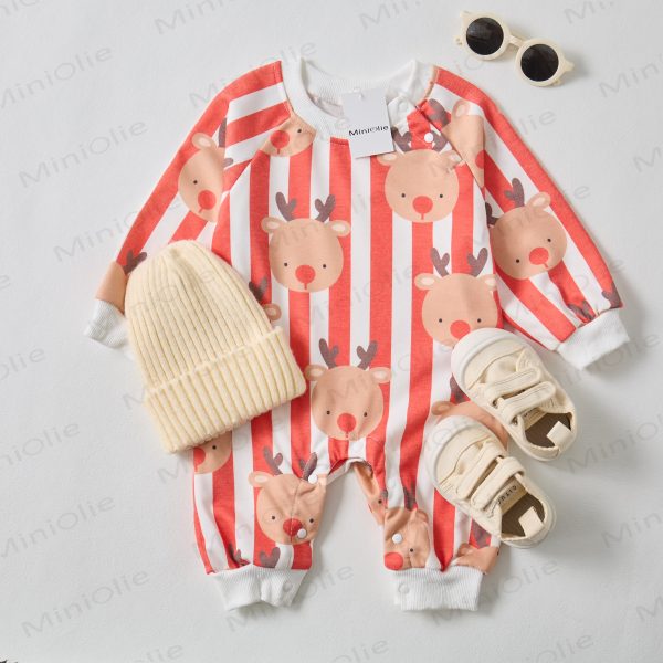 Baby Christmas Elk Red Vertical Striped Beige Romper