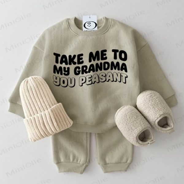 TAKE ME TO MY GRANDMA YOU PEASANT Baby Grey Green 2-piece Set