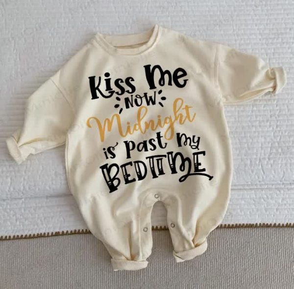 KISS ME NOW MIDNIGHT IS PAST MY BEDTIME Baby Toddler Beige Romper
