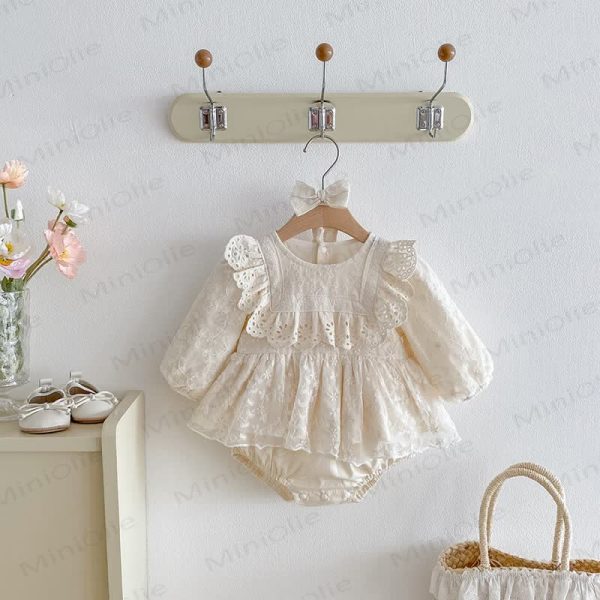 Baby Lace Skirted Beige Bodysuit with Headband