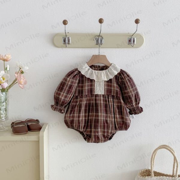 Baby Brown Plaid Lace Collar Bodysuit