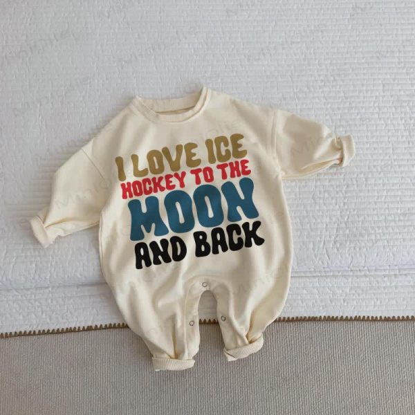 I LOVE ICE HOCKEY TO THE MOON AND BACK Baby Toddler Beige Romper