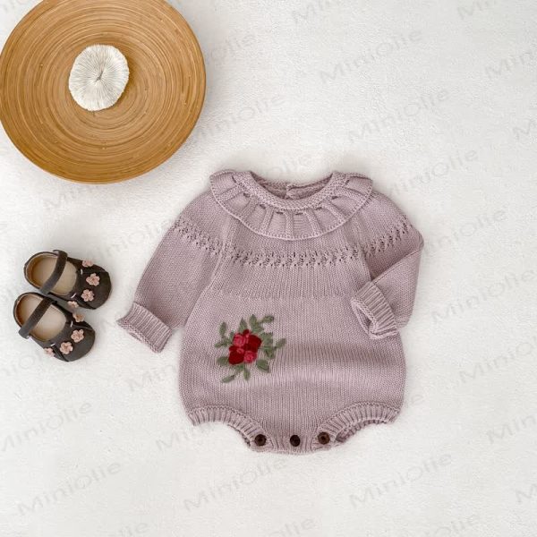 Baby Floral Embroidered Purple Knit Bodysuit