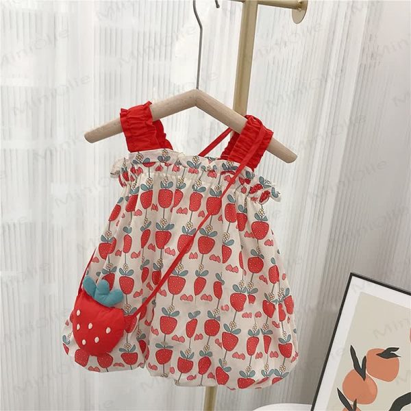 Toddler Red Strawberry Suspenders Dress with Bag