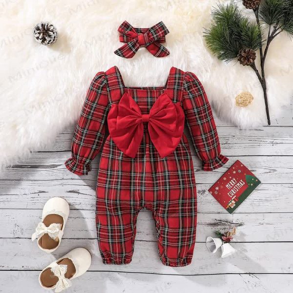 Baby Girl Red Plaid Romper with Bow Headband