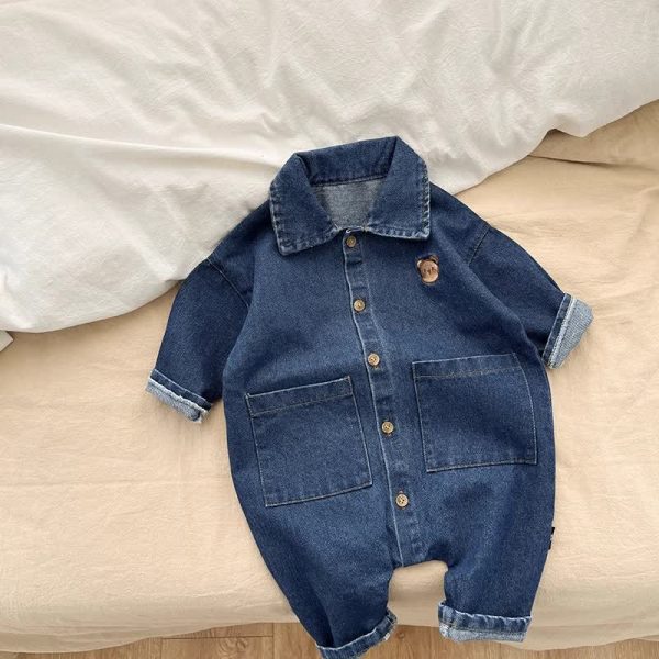 Baby Bear Lapel Denim Romper