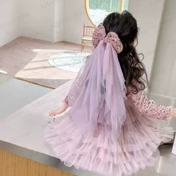 Toddler Girl Mesh Sequins Dress With Bow Veil