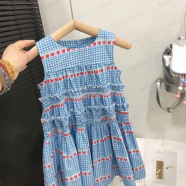 Toddler Blue Plaid Strawberry Sleeveless Dress