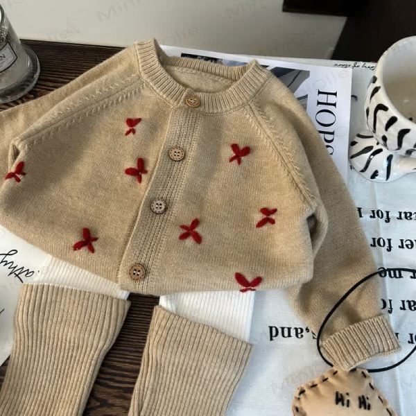 Toddler Kid Girl Bow Knitted Coffee Sweater/Leggings