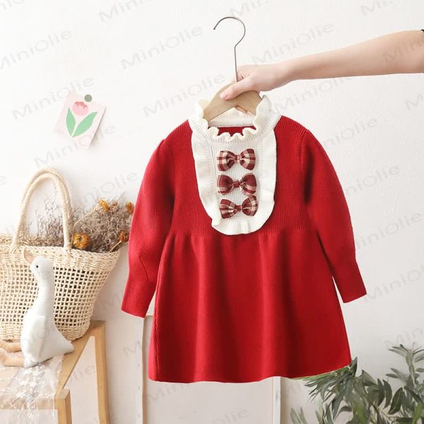 Toddler Girl Red Bow Knitted Dress